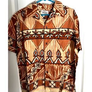 vtg Malihini Mens Hawaiian shirt brown 1960s Tiki Floral pocket Great Shape
